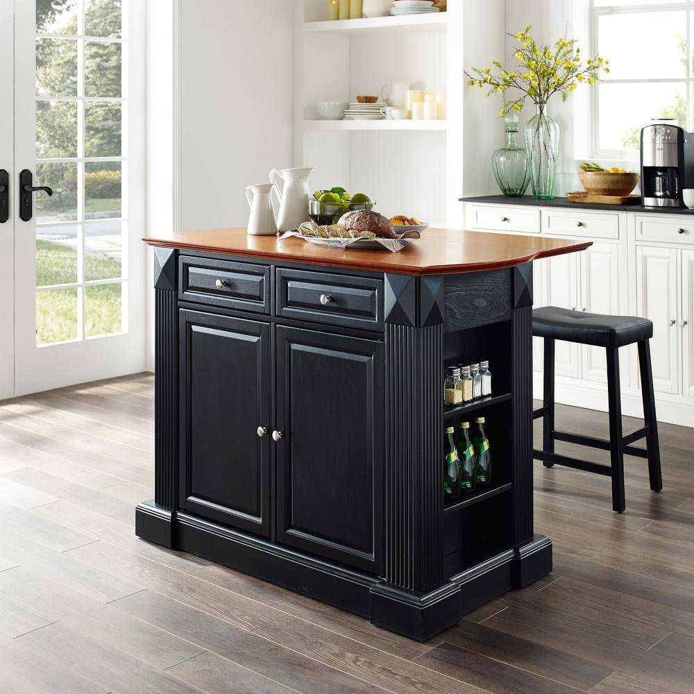 CROSLEY FURNITURE Coventry Black Drop Leaf Kitchen Island with Saddle Stools KF300074BK