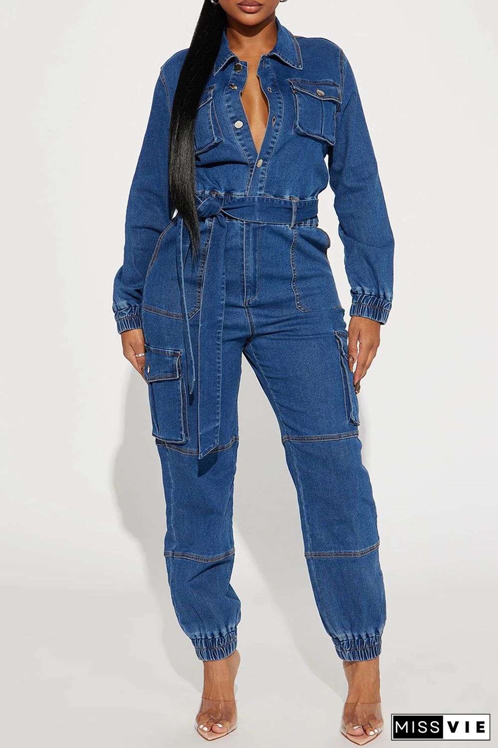 Street Solid Bandage Patchwork Pocket Buckle Turndown Collar Long Sleeve Regular Denim Jumpsuits