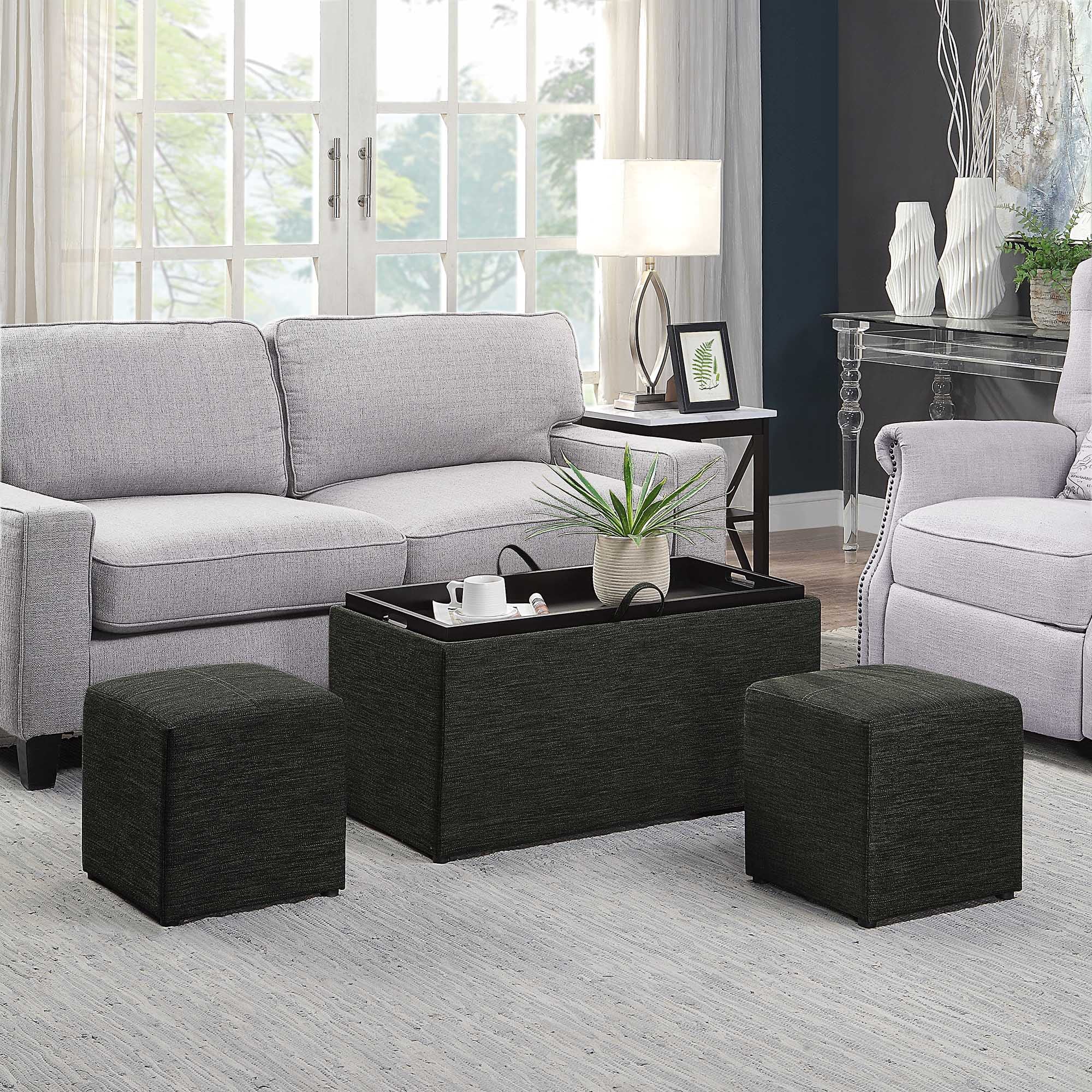 Convenience Concepts Designs4Comfort Sheridan Storage Ottoman with Reversible Tray and 2 Side Ottomans, Dark Charcoal Gray Fabric