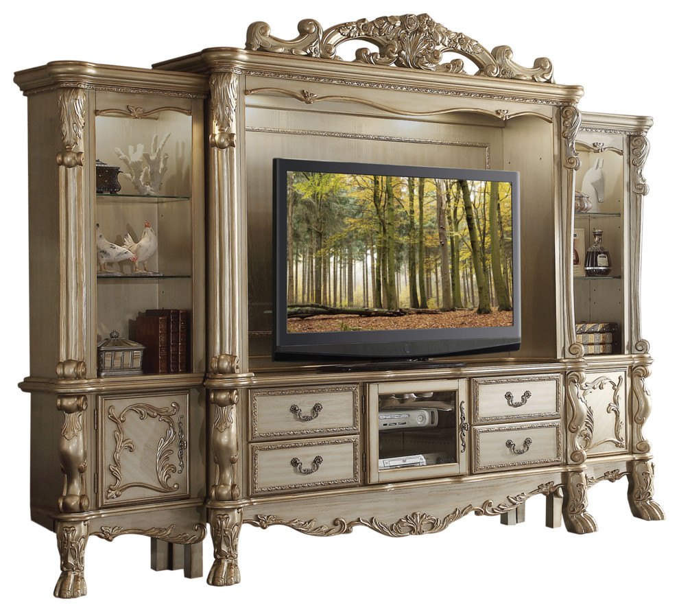 Baroque Style Wooden Entertainment Center With Glass Shelves  Gold   Victorian   Entertainment Centers And Tv Stands   by VirVentures  Houzz