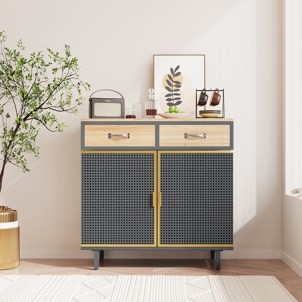 2 Drawer Sideboard Modern Closed Cabinet Furniture Decor， Made with Iron + Carbonized Bamboo for Living Room， Easy Assembly