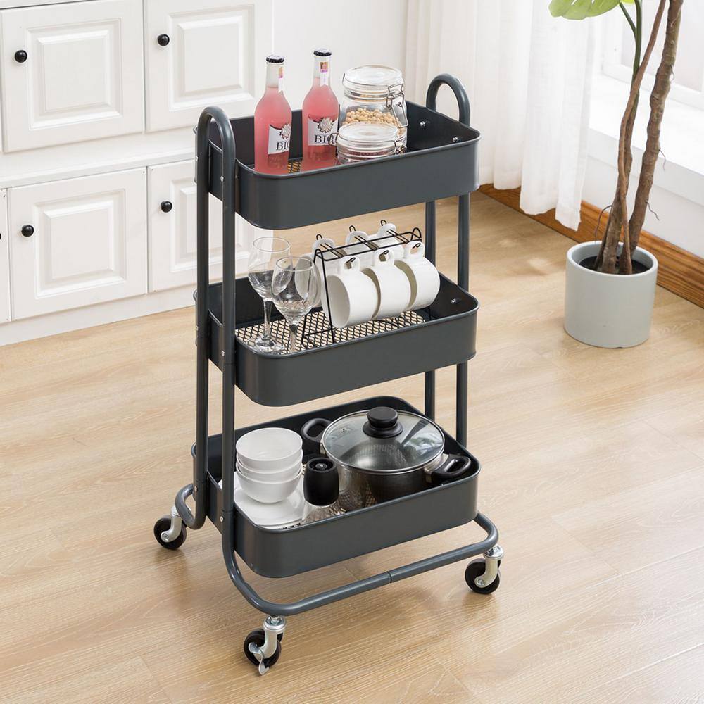 Huluwat 3-Tier Metal 4-Wheeled Storage Shelves Utility Cart in Gray RY-G-USBO4506