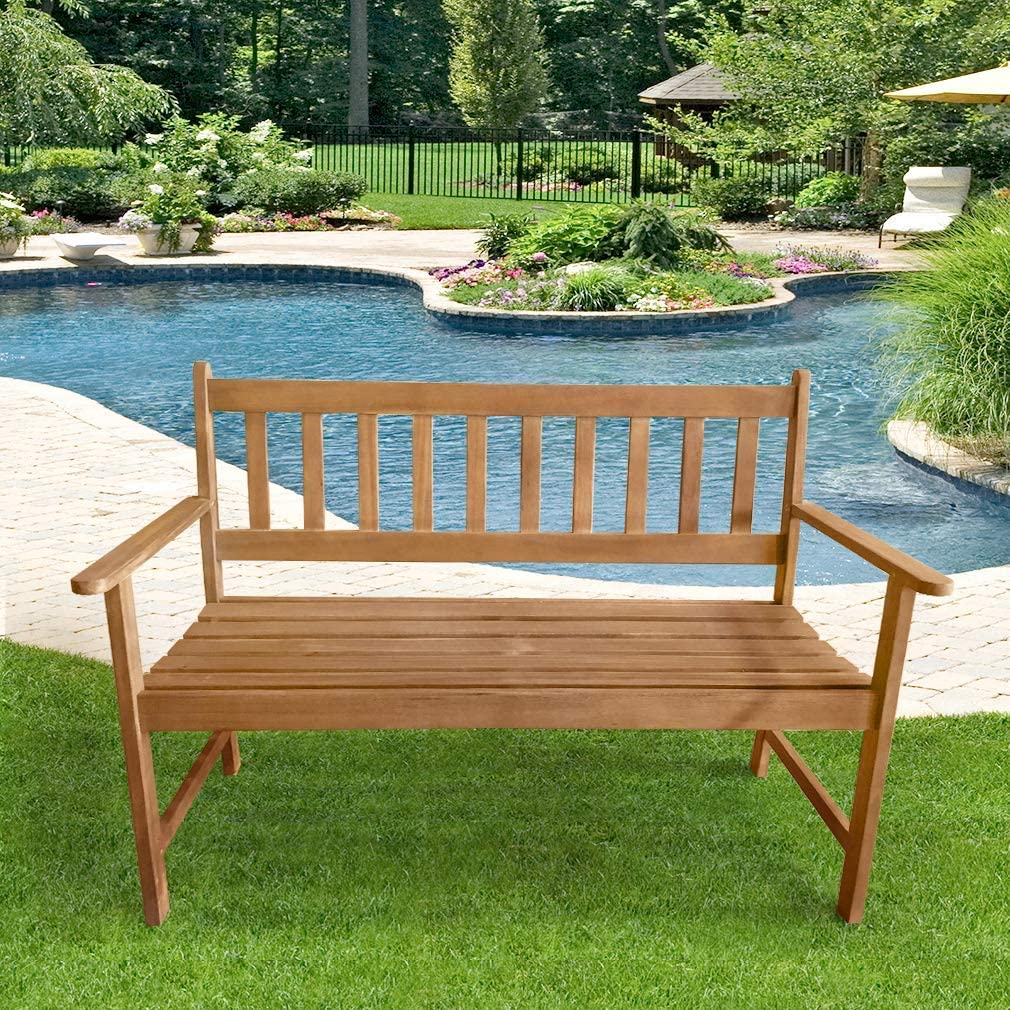 Outdoor Wood Patio Bench, 2-Person Garden Bench with Armrests & Backrest 705Lbs Weight Capacity Park Bench Deck Garden Wooden Furniture for Pool Beach Backyard Balcony Porch