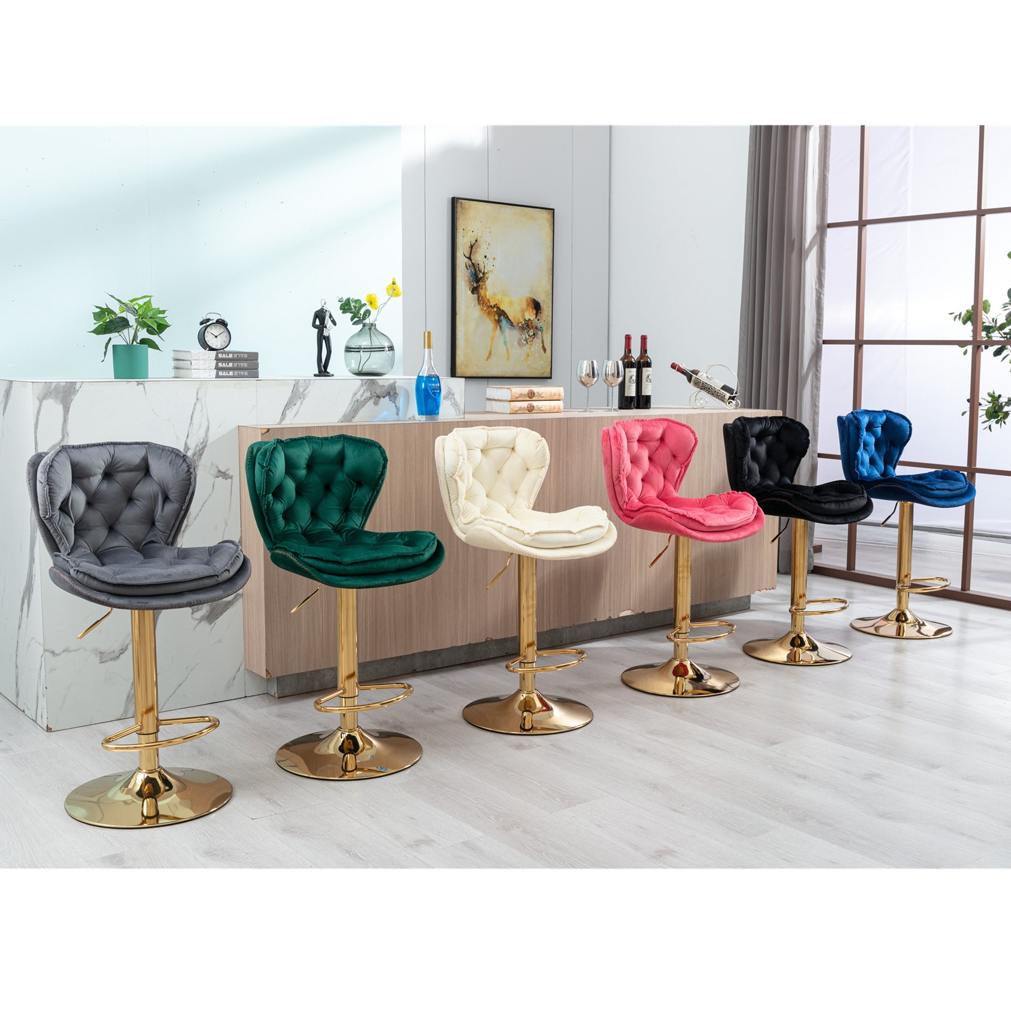 Velvet Tufted Bar Stools Set of 2， Metal Base