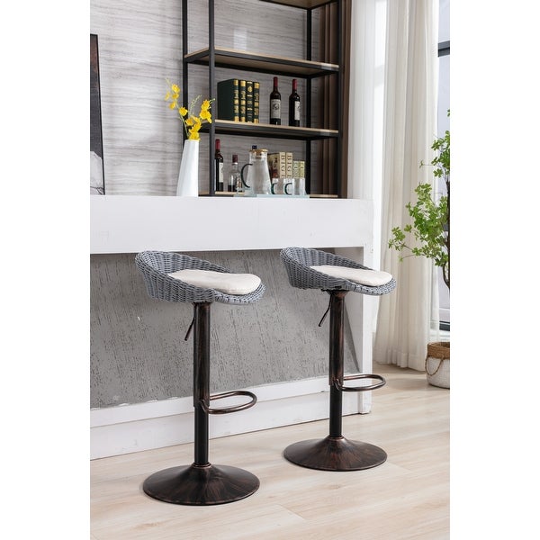 Plastic Rattan Swivel Adjustable Height Bar Stools With Linen cushion(set of 2)