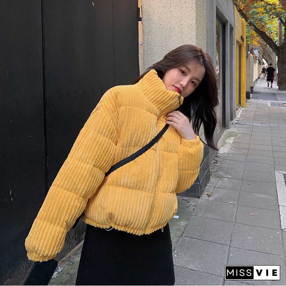 New Winter Corduroy Short Jacket Women Korean Style Thick Zipper Cotton Parkas Woman Stand Collor Warm Outwear Coats Mujer