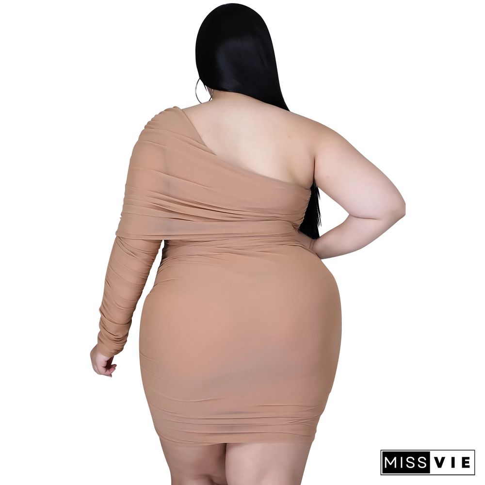 Plus Size Mesh Solid Single Sleeve Bodycon Dress