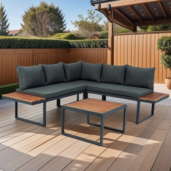 4 Piece LShaped Patio Wicker Outdoor 5Seater Sectional Sofa Seating Conversation Sets with Side Table and Dark Grey Cushions