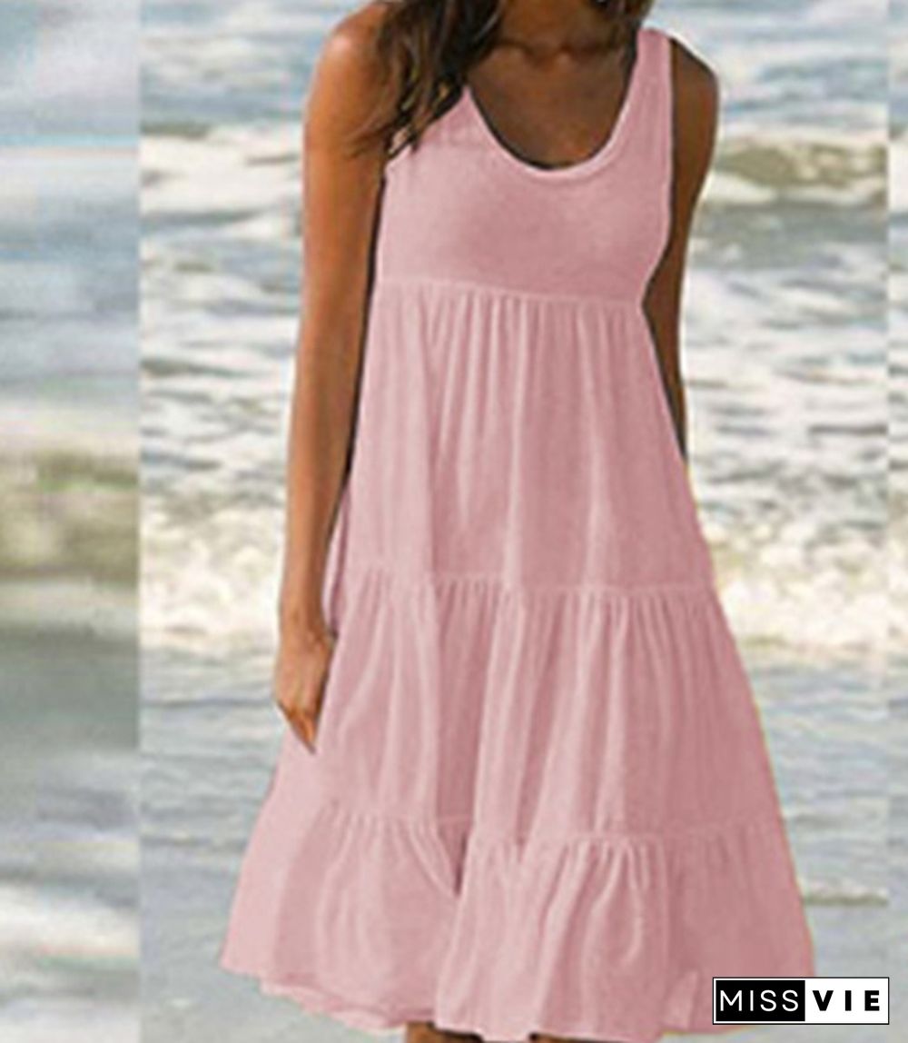 New Fashion Summer Women Casual Dress Round Neck Loose Big Swing Skirt Sleeveless Soild Color Beach Dress