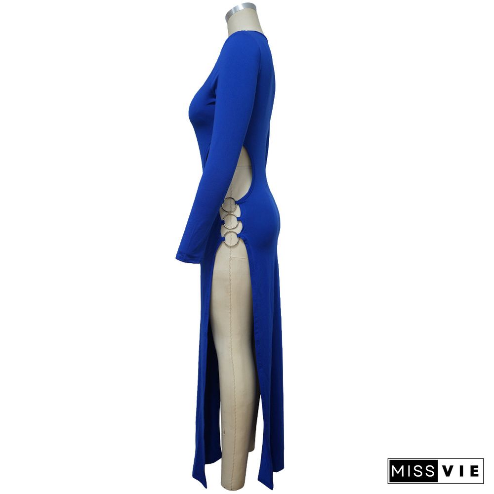 Long Sleeve O Neck Hollow Out Side Slit Dress