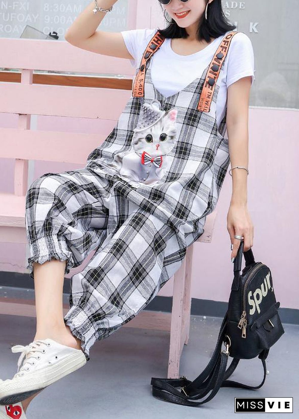 fashion women casual cotton plaid jumpsuit pants plus size cartoon print strap pants