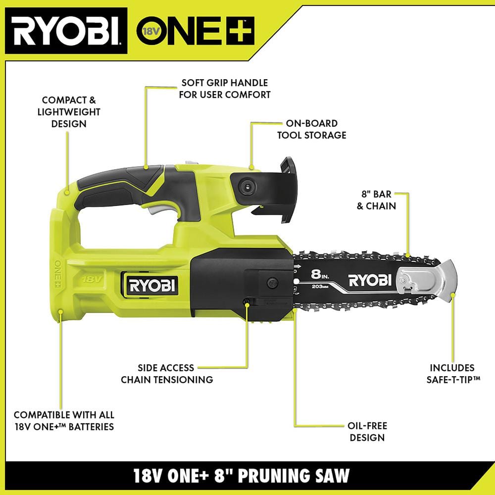 RYOBI ONE+ 18V 8 in. Cordless Battery Pole Saw and 8 in. Pruning Saw Combo Kit with 2.0 Ah Battery and Charger P20310