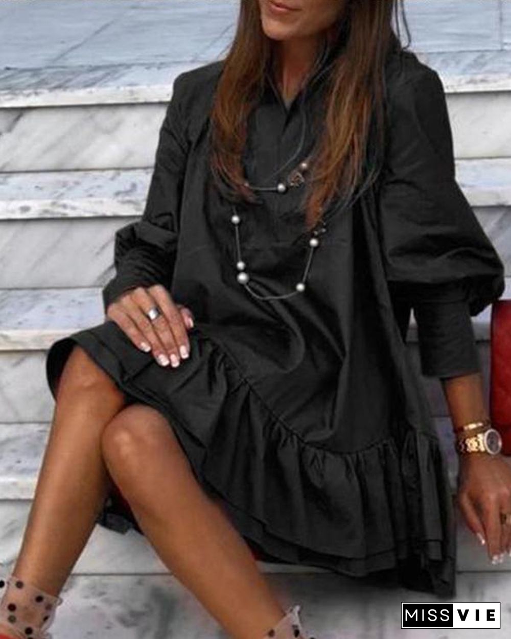 Solid Color Long Sleeve Mini Ruffled Dress