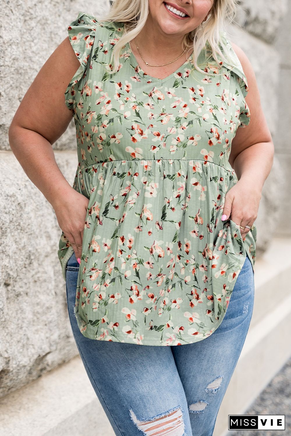 Green Floral Flutter Shoulder Plus Size Tank Top