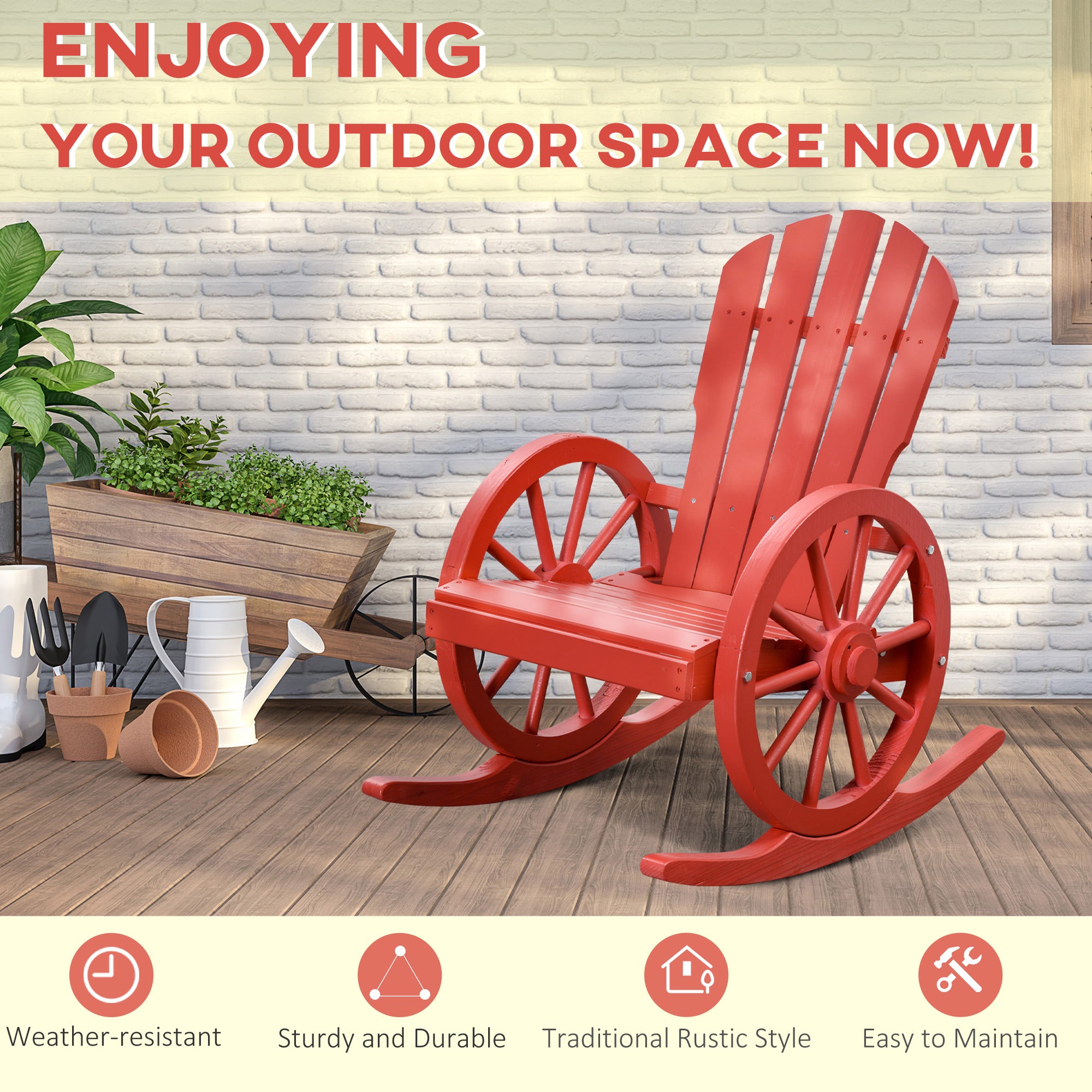 Outsunny Wooden Rocking Chair, Adirondack Rocker Chair w/ Slatted Design, and Oversize Back, Outdoor Rocking Chairs with Wagon Wheel Armrest for Porch, Poolside, and Garden, Red