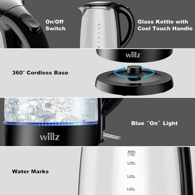 Willz 1 7 Liter 1500 Watt Electric Glass Tea Kettle In Black With Auto Shut Off