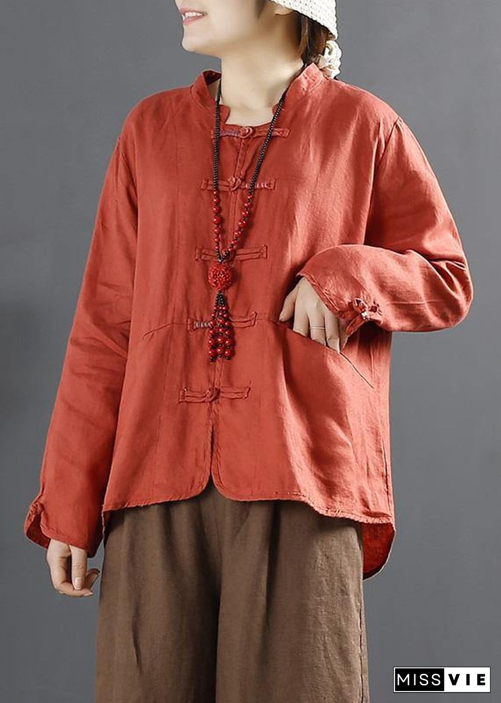 Organic Orange Chinese Button Silhouette Blouses