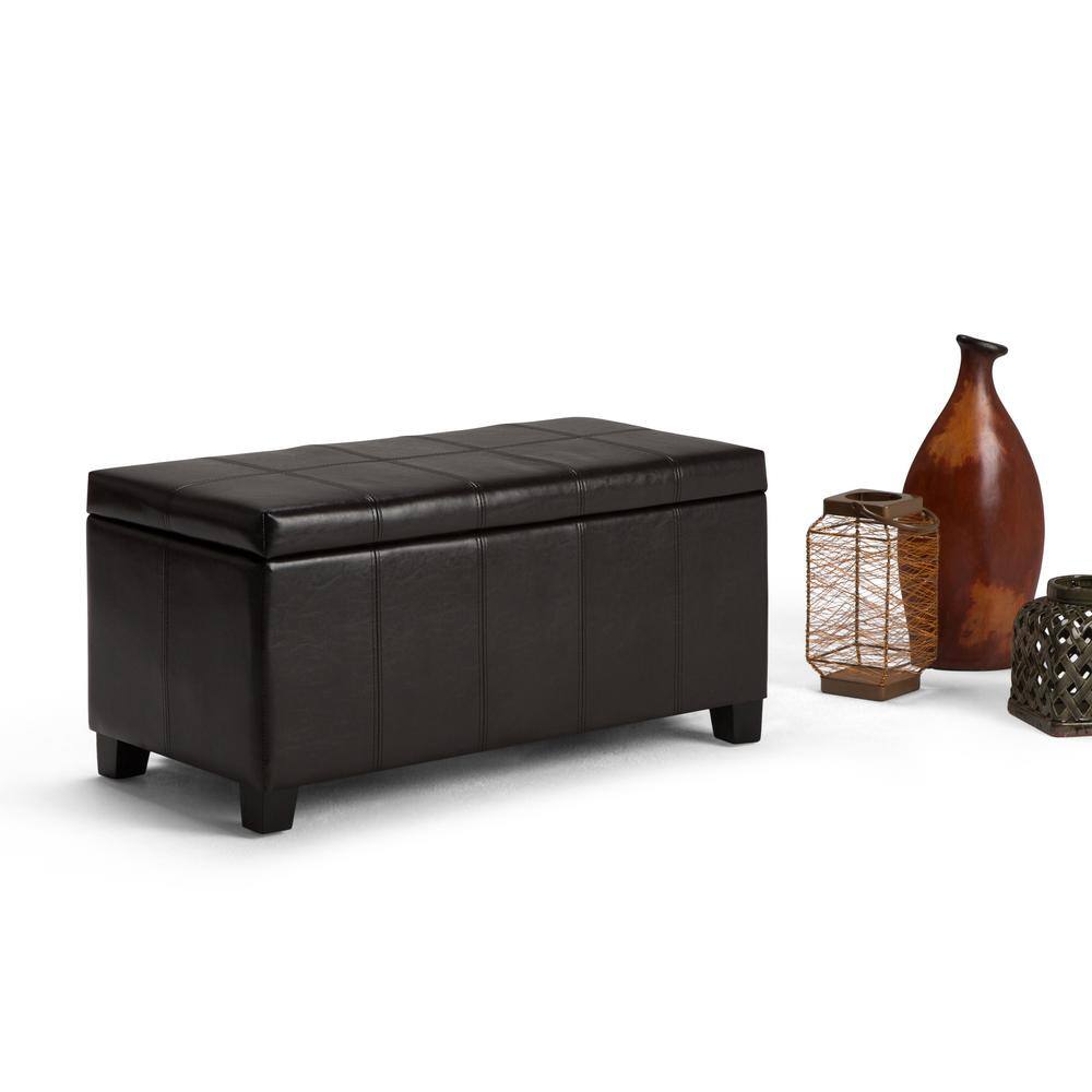 Simpli Home Dover 36 in. Wide Contemporary Rectangle Storage Ottoman Bench in Tanners Brown Vegan Faux LeatherBedroom Bench 3AXC-OTT223