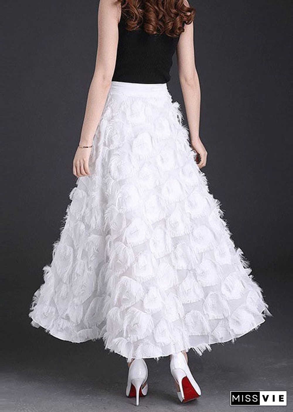 Natural White Tasseled Chiffon Skirts Spring