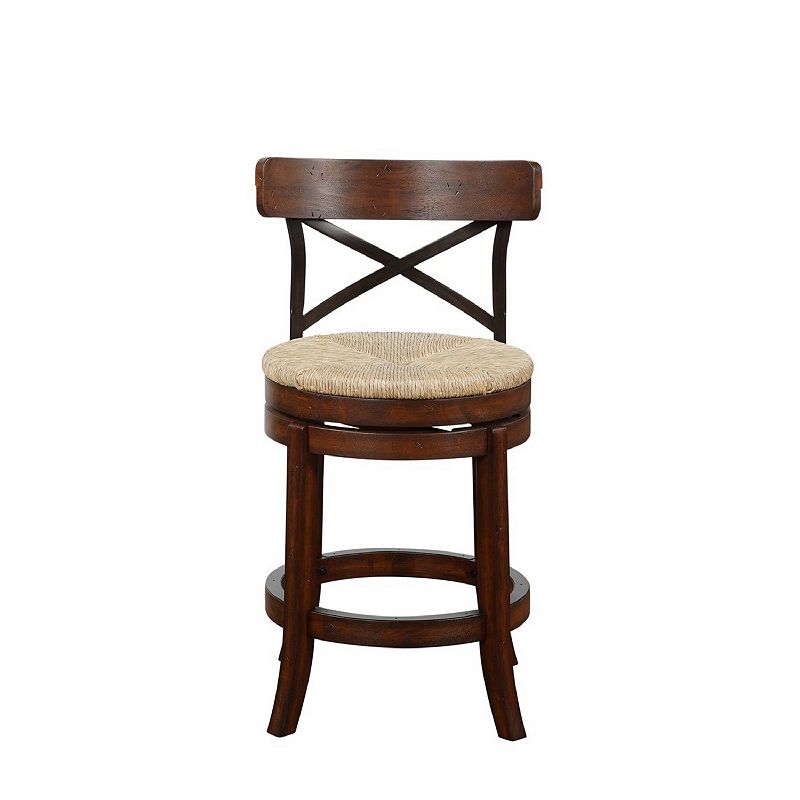 Mia 24 Inch Swivel Counter Stool， Crossed Metal Back， Sedge Seat， Brown