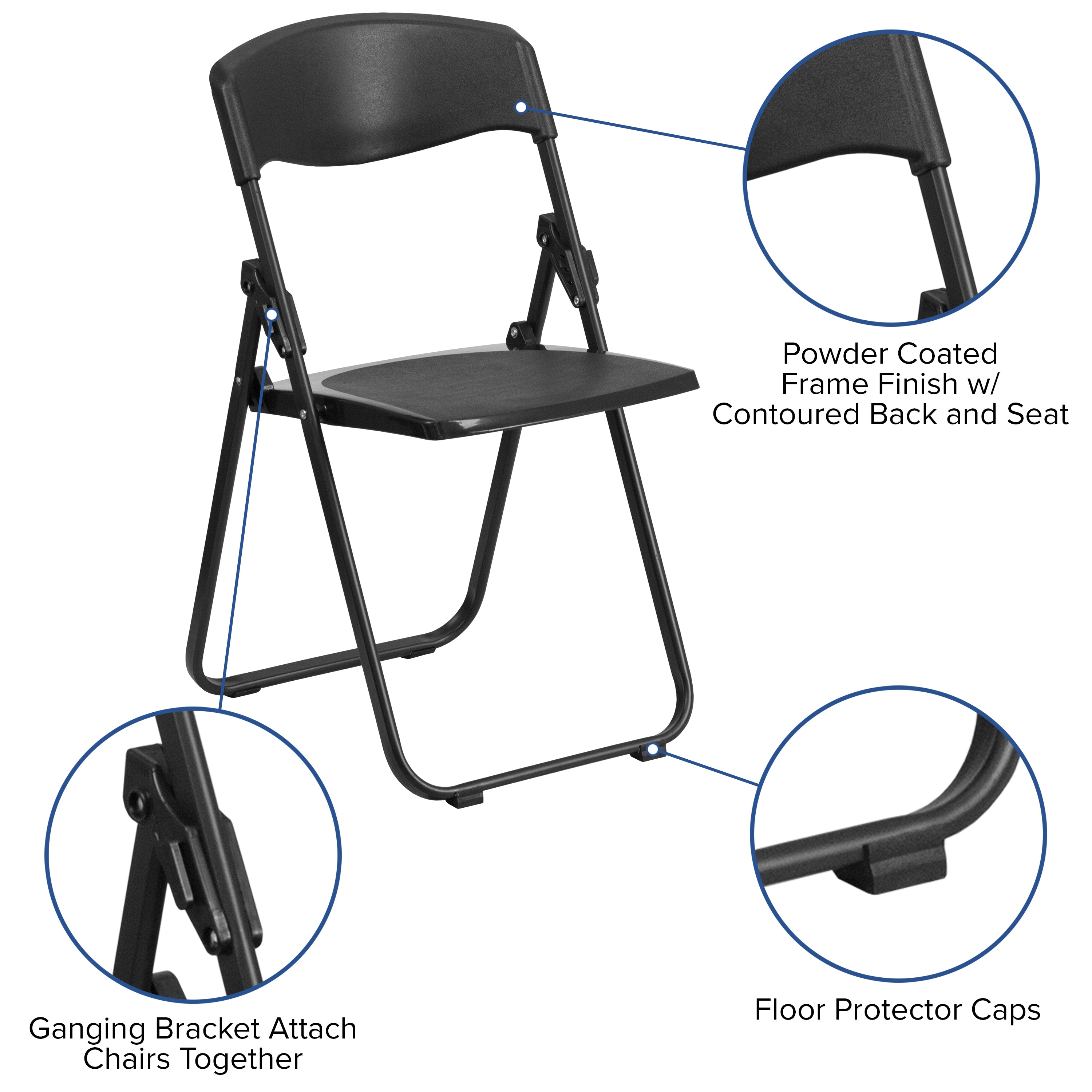 Flash Furniture 2 Pack HERCULES Series 500 lb. Capacity Heavy Duty Black Plastic Folding Chair with Built-in Ganging Brackets