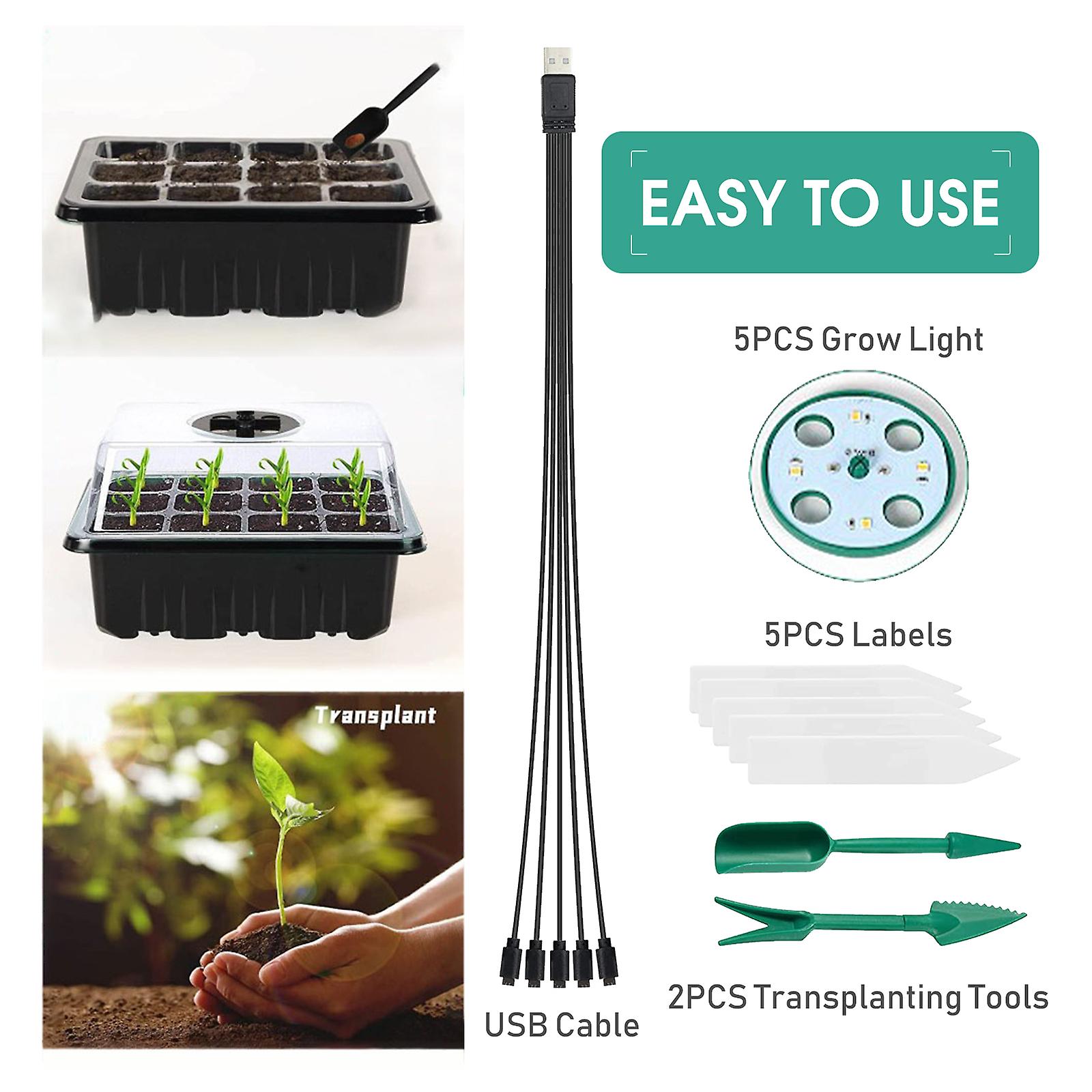 5pcs Plant Seed Starter Tray With Grow Lights For Planting Seeds 60 Seedling Cells Organic Plant Starter Kit With 5 Labels 2 Transplanting Tool Black