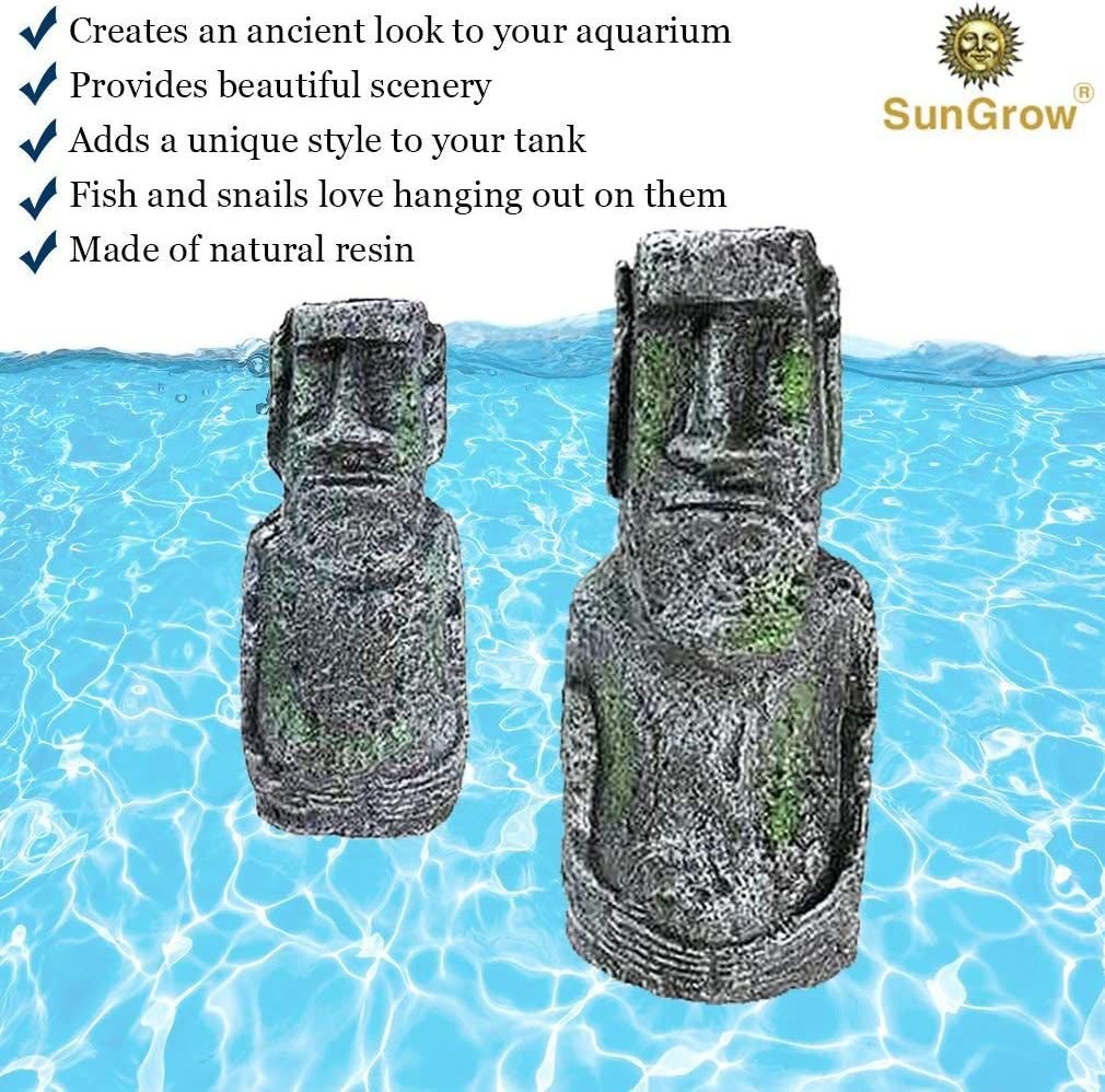 SunGrow Betta Fish Moai Easter Island Head Aquarium Ornament， 2-pack， 7-in and 5-in