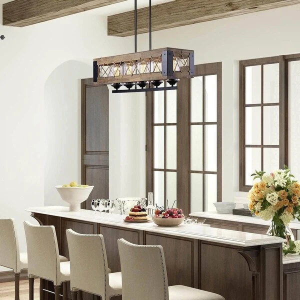 Farmhouse 32-in Linear 5-Light Wood Chandelier Rustic Island Lights