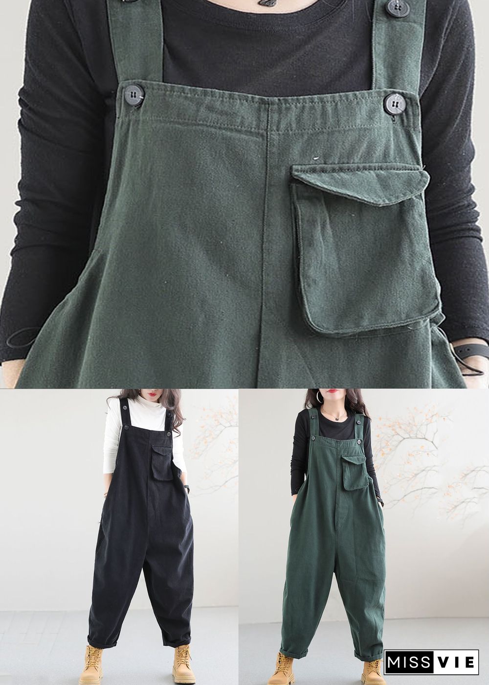 Black Pockets Patchwork Cotton Jumpsuit Button Spring