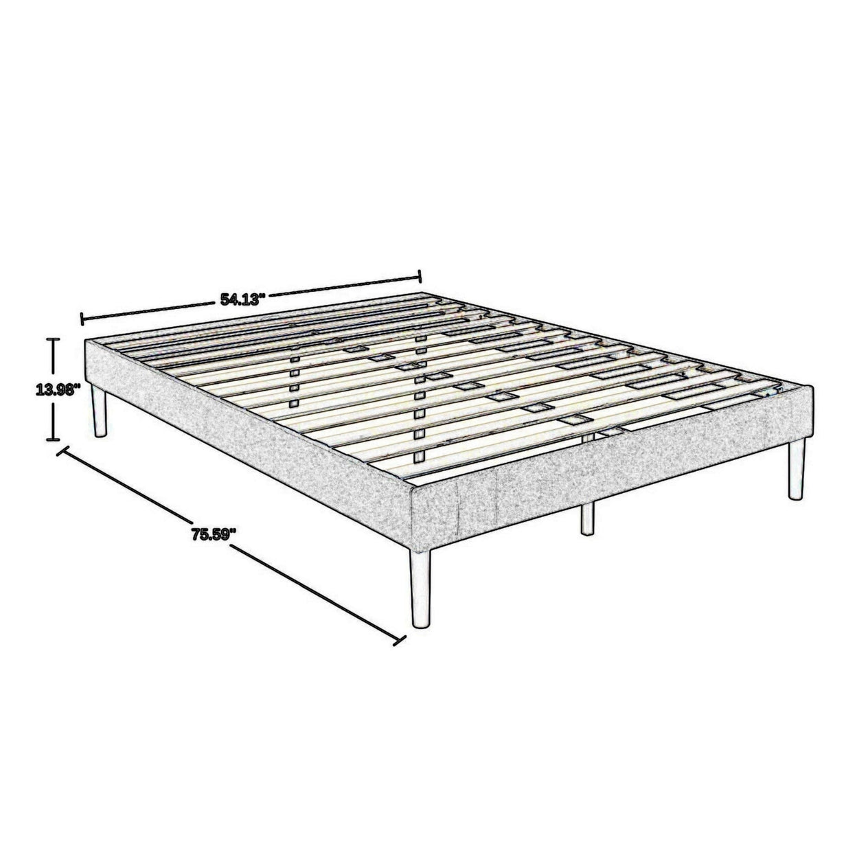 Full Platform Bed with Slat Support and Fabric Upholstery, Gray- Saltoro Sherpi