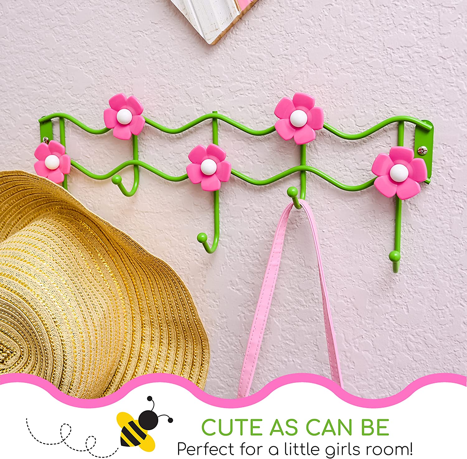 Wall Hooks Kids Room Clothes Storage Hanger Pink Flower Design Hook Rack Wall Mounted Girls Bedroom Decor