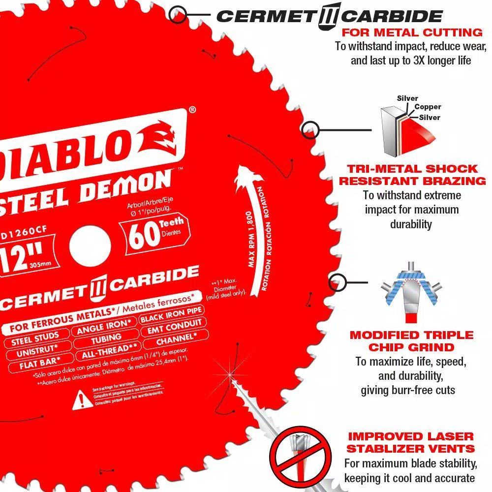 DIABLO 12 in. x 60-Tooth Steel Demon Cermet II Carbide Blade for Ferrous Metals and Stainless Steel and#8211; XDC Depot