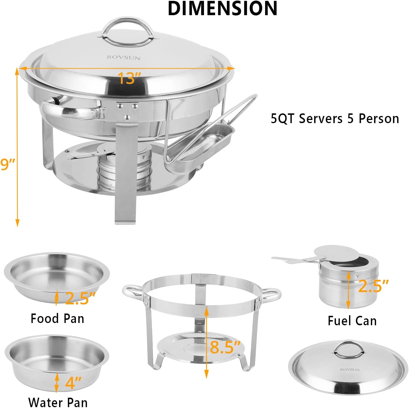 ROVSUN 5 Qt 2 Packs Stainless Steel Round Chafing Dish Buffet Set with Lid Holder