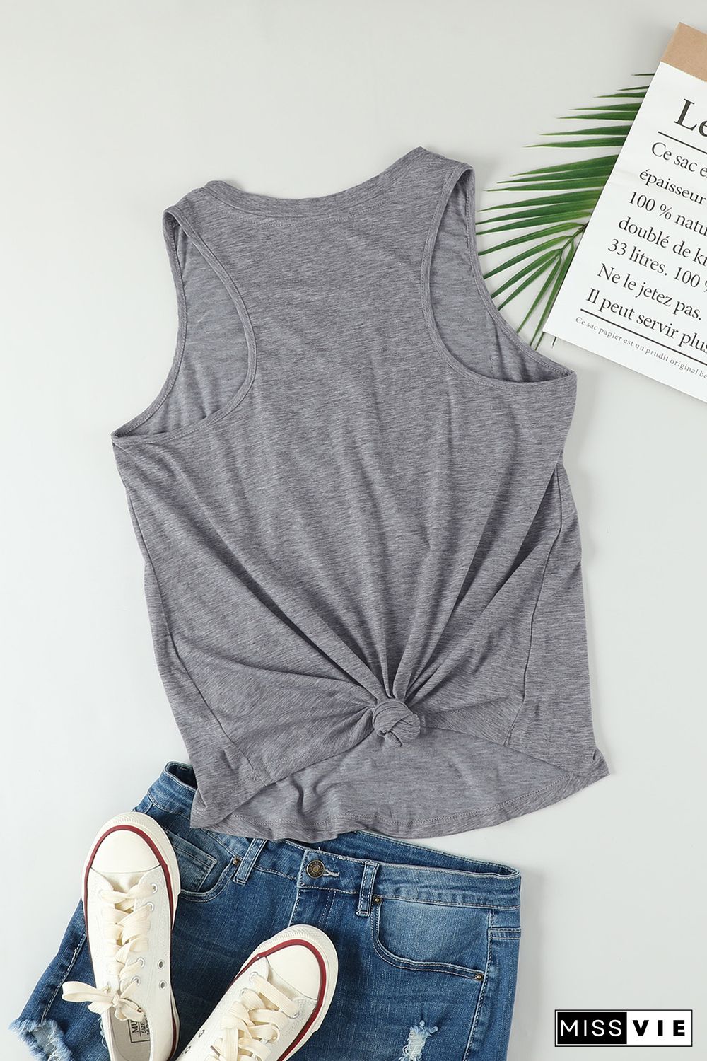 Gray V Neck Racerback Tank Top with Pocket