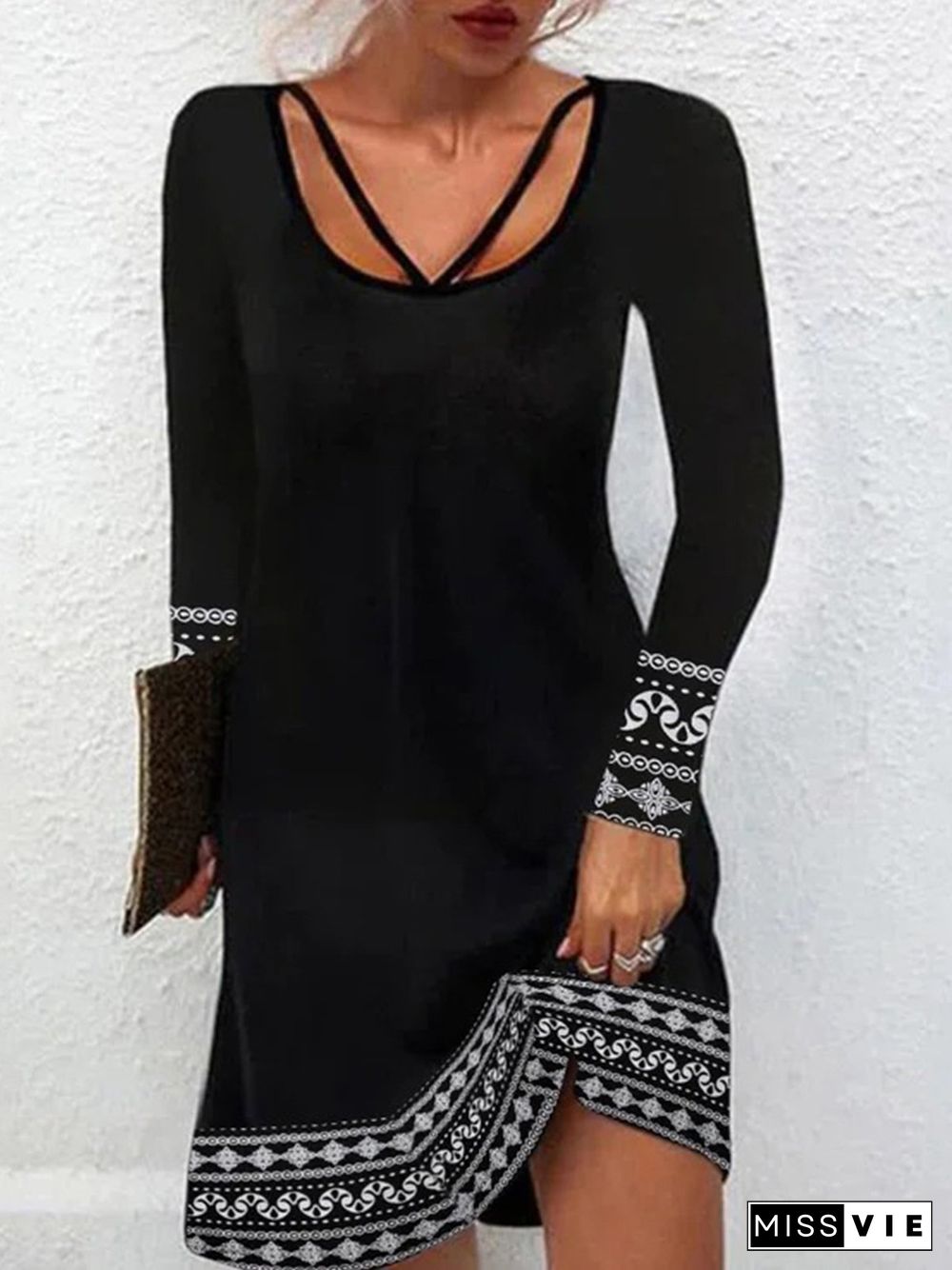 Geometric Casual Long Sleeve A-Line Dresses