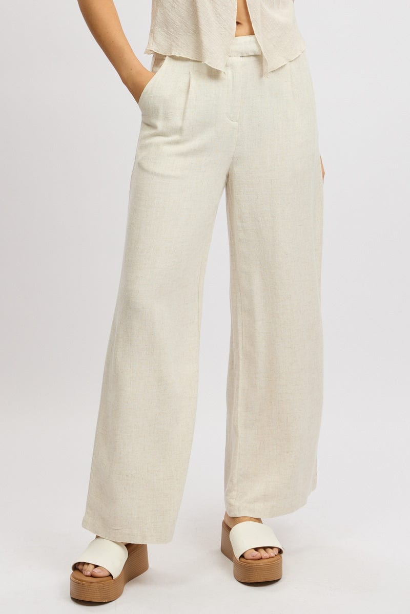 Beige Wide Leg Pants Mid Rise