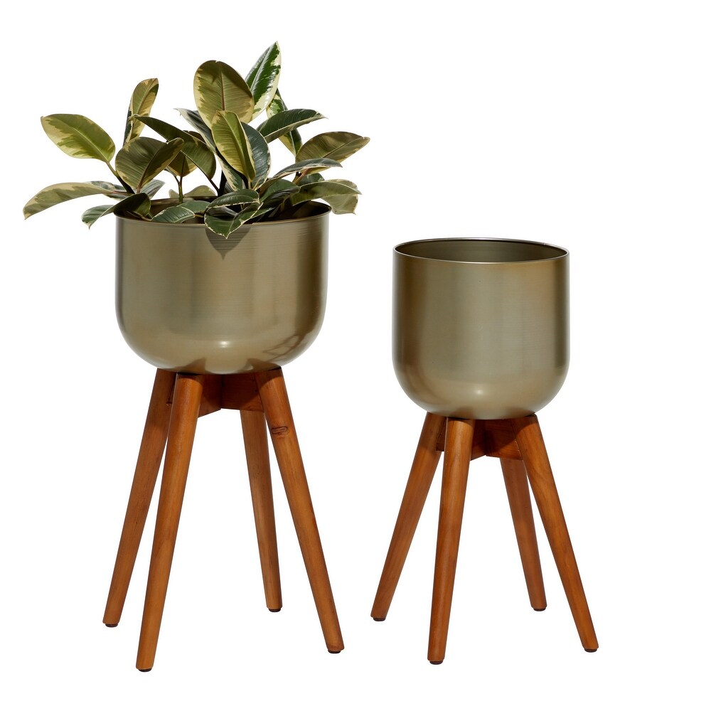 Gold Brushed Metal with Wood Legs Boho Contemporary Modern Planter (Set of 2)   13 x 13 x 24Round