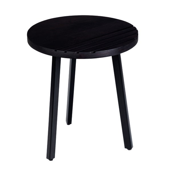 18 Inch Round Mango Wood Side End Table， Grooved Design， Metal Legs， Black