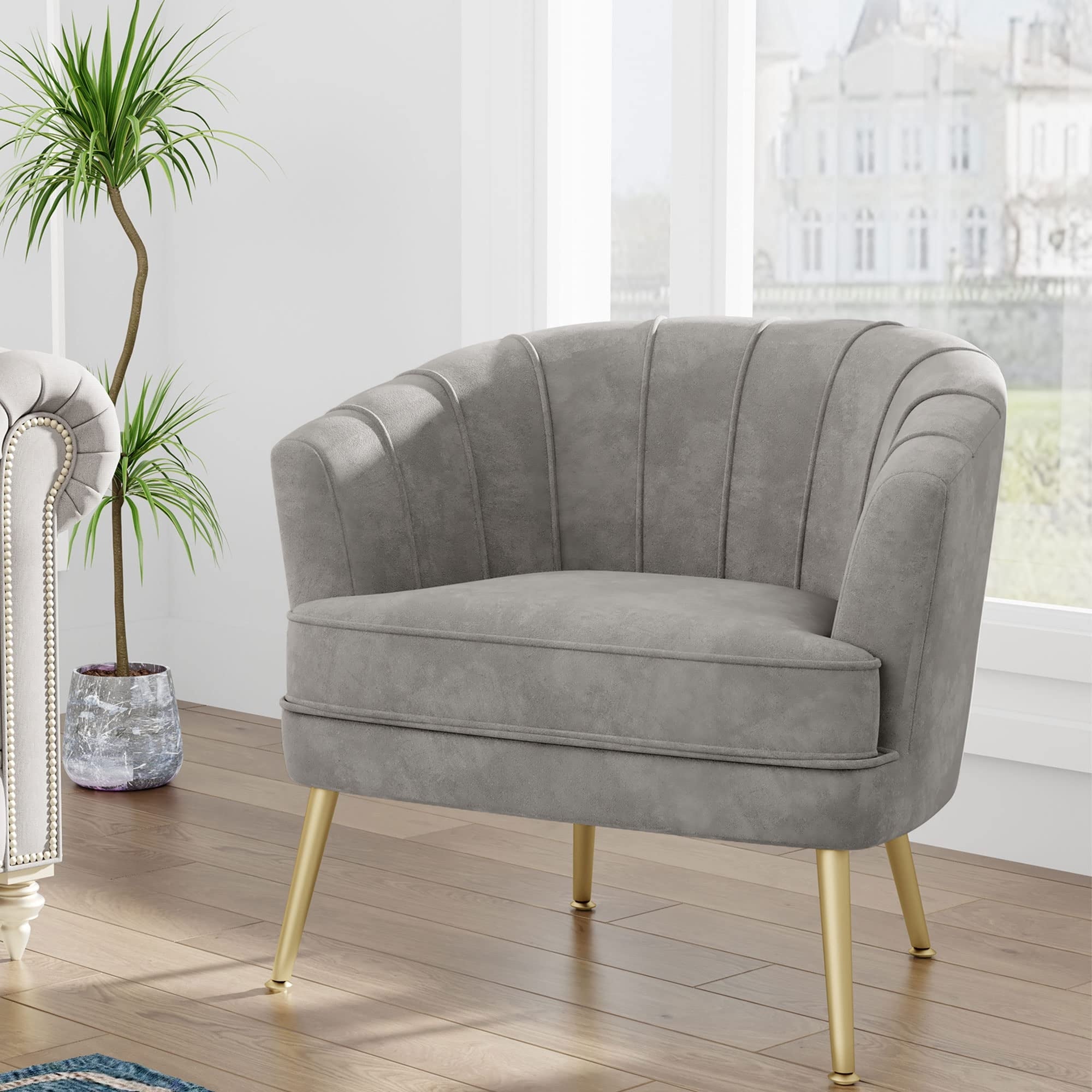 Velvet Accent Chair， Upholstered Modern Single Sofa Side Chair，Comfy Barrel Club Living Room Armchair