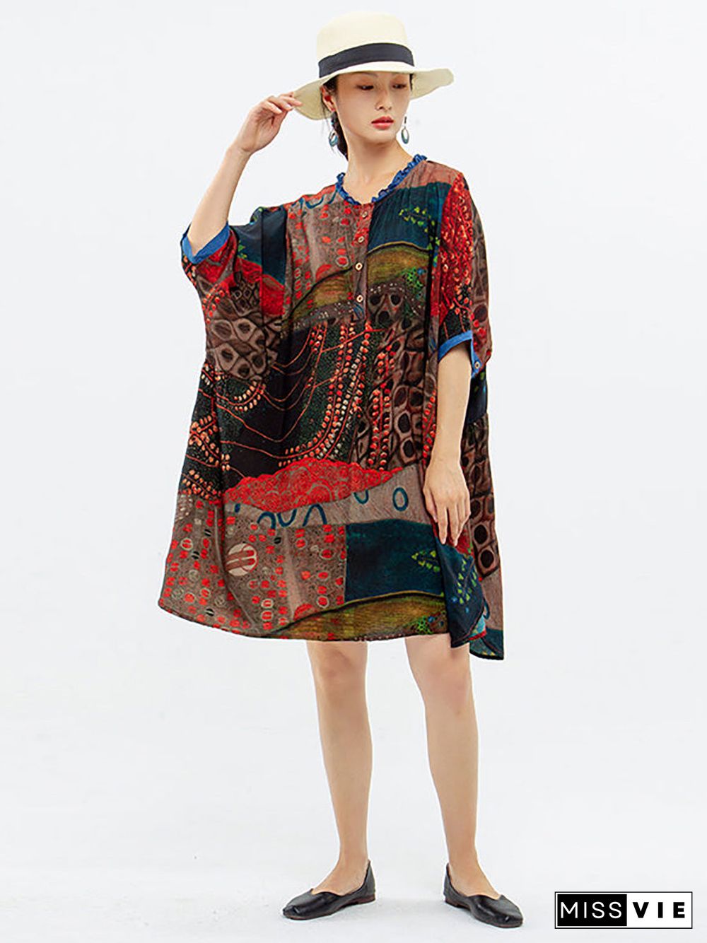 Plus Size - Vintage Women Mid-Length Floral Shirt Dress