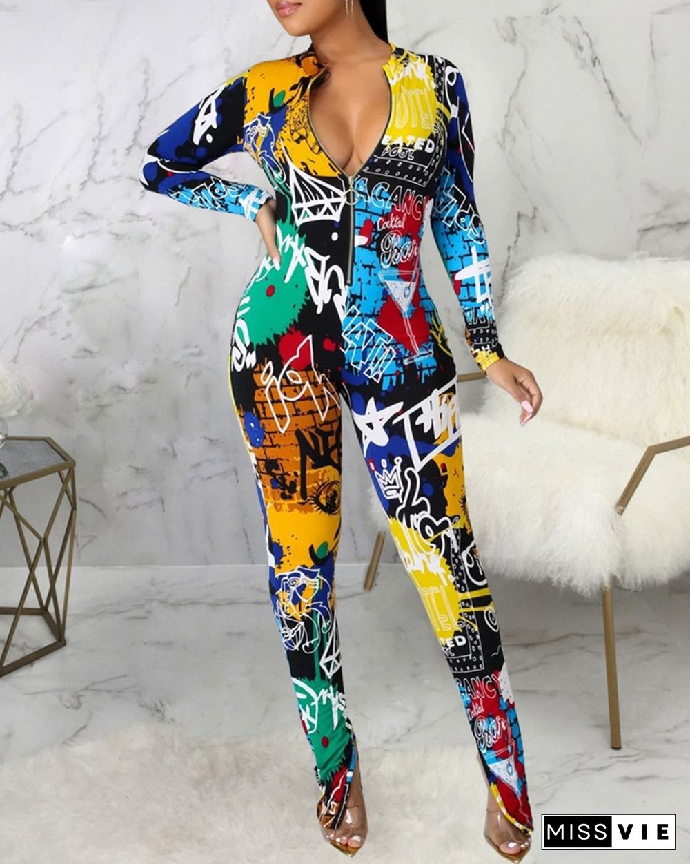 Graphic Print Zipper Front Skinny Jumpsuit With Face Mask