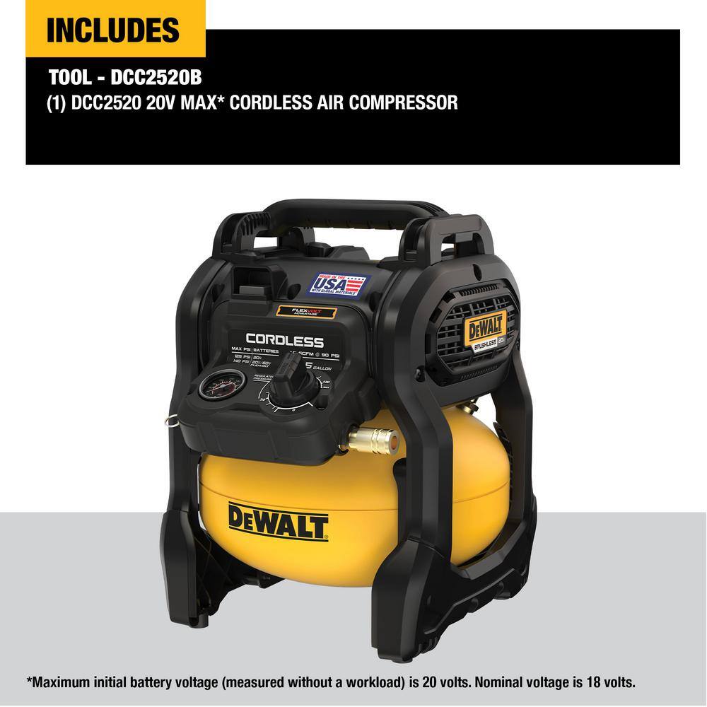 DW 2.5 Gal. 140 psi Portable 20V Cordless Air Compressor with FLEXVOLT Advantage (Tool Only) DCC2520B