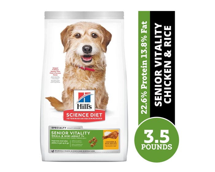 Hills Science Diet Adult 7+ Senior Vitality Chicken  Rice Recipe Small  Mini Dry Dog Food， 3.5 lb. Bag