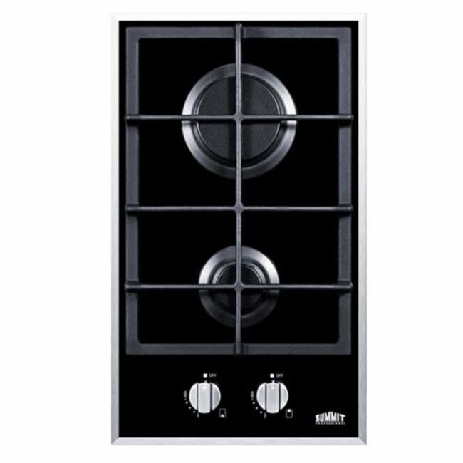 Summit 2 Burner Gas On Glass Cooktop W/Sealed Burners   Cast Iron   Stainless Steel / Black