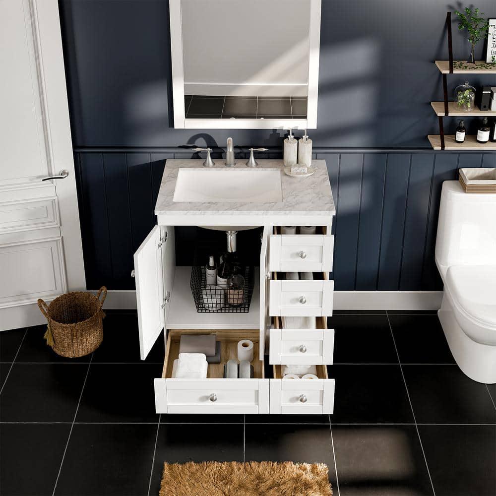 Eviva Acclaim 30 in W x 22 in D x 34 in H Bath Vanity in White with White Carrara Marble Vanity Top with White Sink