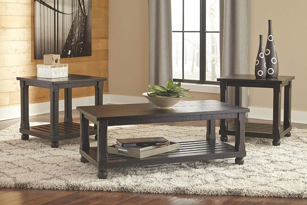 Set of 3 Coffee Table Set  Plank Style Top With Slatted Lower Shelf  Dark Wood   Traditional   Coffee Table Sets   by Decor Love  Houzz