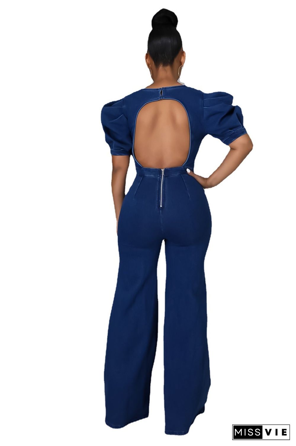 Short Puff Sleeve Backless Zipper Denim Flare Jumpsuit