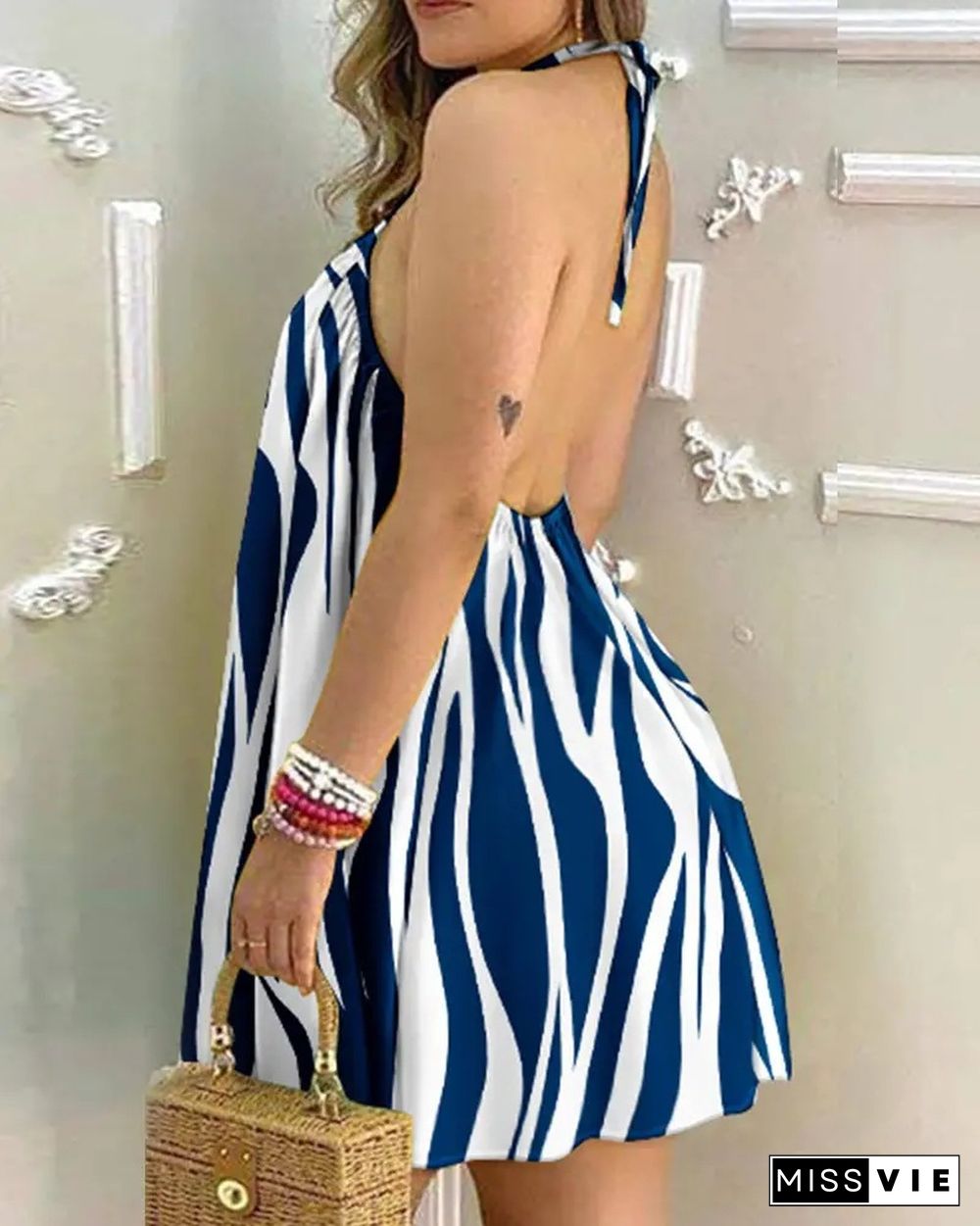 Printed Off-the-shoulder Halterneck Tie Dress