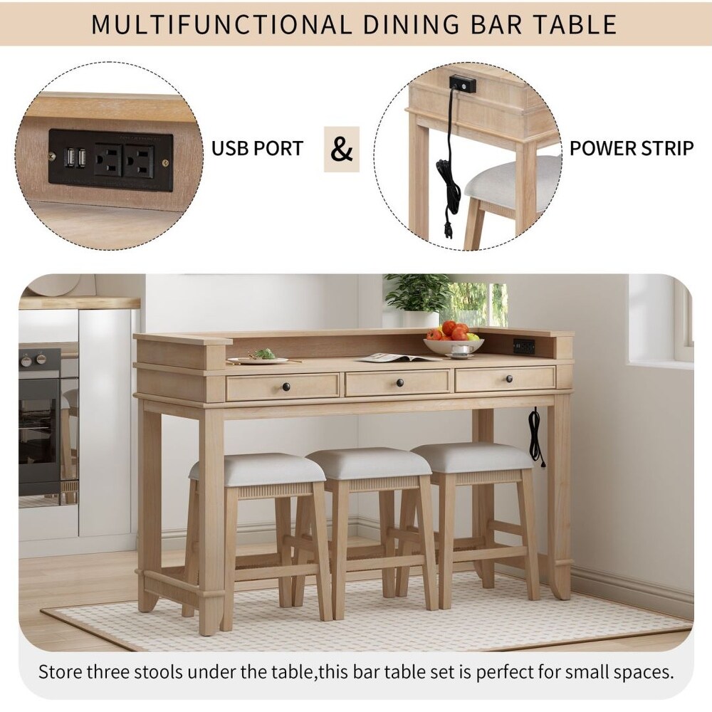 4 piece Dining Bar Table Set with 3 Drawers and 3 Upholstered Stools