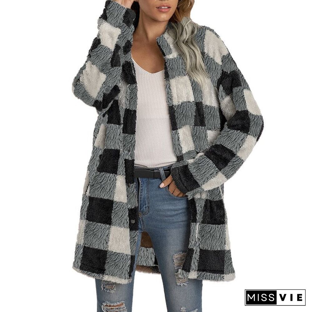 Winter Checked Women Jacket Down Overcoat Warm Plaid Long Coat Oversize Thick Woolen Blends Female Streetwear